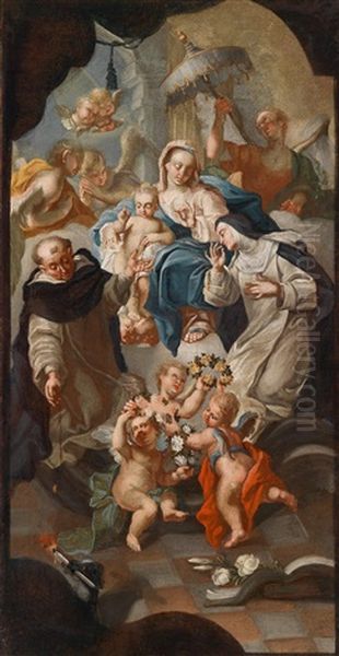 Rosenkranzmadonna Mit Dem Heiligen Dominikus Und Der Heiligen Katharina Von Siena, Von Engeln Umgeben Oil Painting by Michelangelo Unterberger