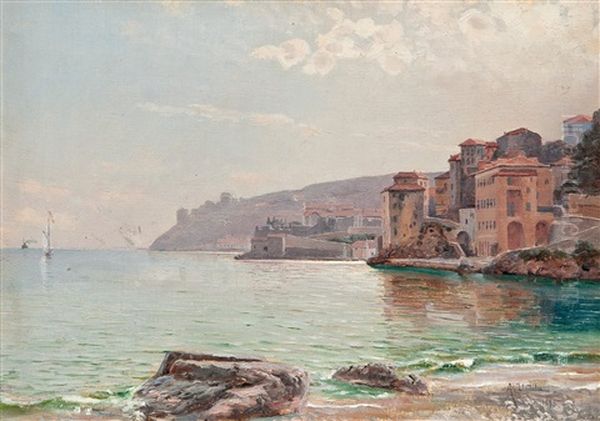 A Coastal Town Oil Painting by Aukusti Uotila