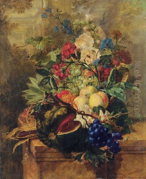 A Melon, Peaches, Grapes, Cherries And Berries With Carnations And Other Flowers In A Basket On A Ledge, A Classical Building Beyond by Harmanus Uppink