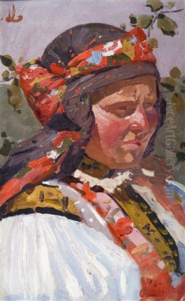 Girl In Folk Costume Oil Painting by Joza Uprka