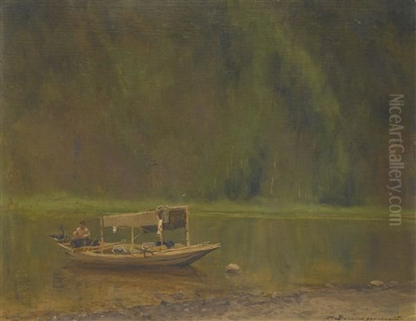 Author's Boat By The High Wooded Bank Of The Chusovaya Oil Painting by Alexander Denisov Uralsky