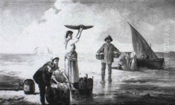 Transportando El Pescado Desde La Playa Oil Painting by Pablo De Uranga