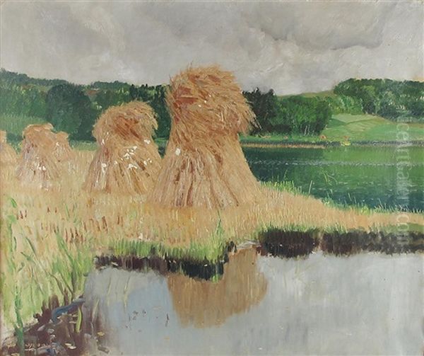 Erntelandschaft Mit Aufgestellten Strohmieten Am Ufer Eines Sees Oil Painting by Hermann Urban