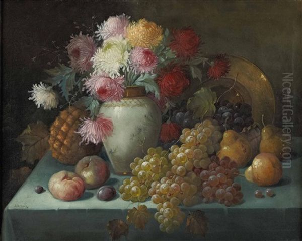 Stillleben Mit Obst Und Dahlien Oil Painting by Joseph Urban