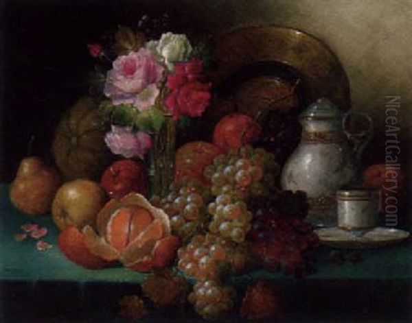 Grapes, Apples, Pears, Oranges And A Melon, With A Vase Of Roses, A Copper Ewer, A Pitcher Cup And Saucer On A Table Oil Painting by Joseph Urban