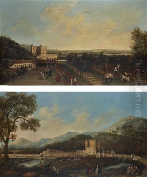 Vedute Del Catajo Di Monselice (2 Works) Oil Painting by Andrea Urbani