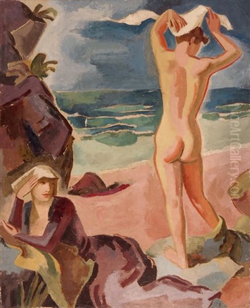 Stilisierter Stehender Ruckenakt Und Sitzende Am Strand by Rudolph Urech