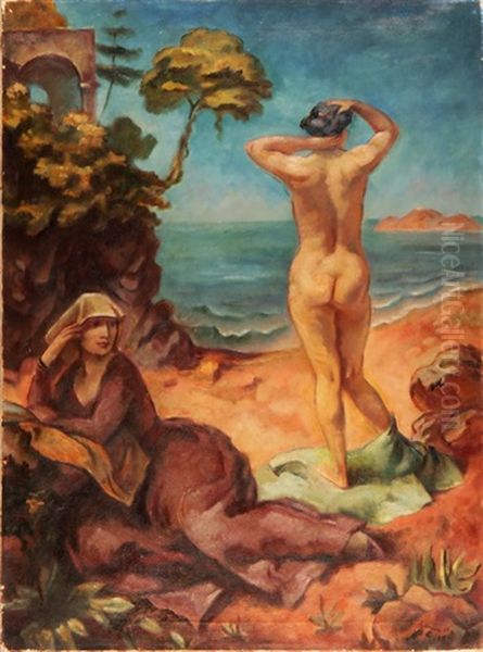 Stehender Akt Und Sitzende Am Strand by Rudolph Urech