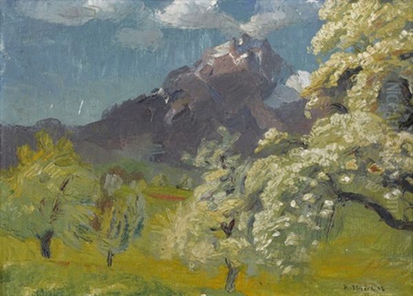 Sommerliche Berglandschaft Mit Bluhenden Baumen by Rudolph Urech