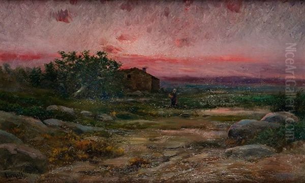 Paisaje Con Casa Y Campesina Oil Painting by Modesto Urgell y Inglada