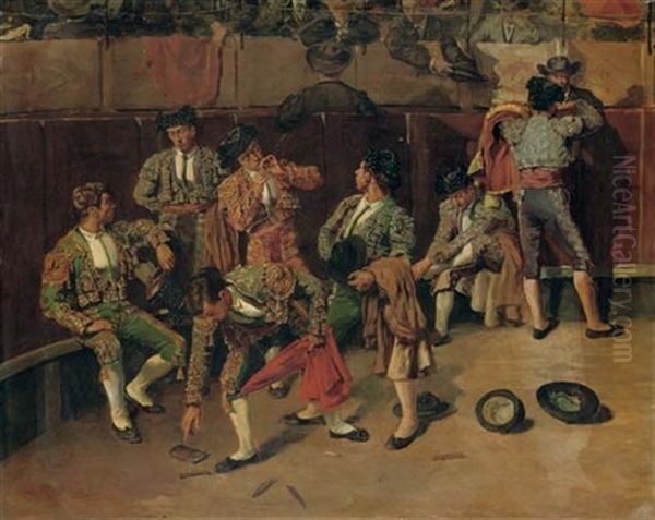 Descanso En La Plaza De Toros - Matadors Resting Oil Painting by Jose Uria y Uria