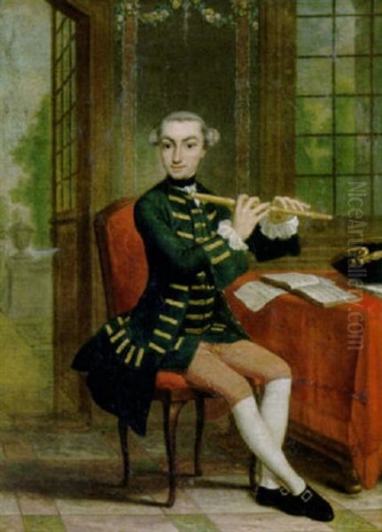 Portrait Of A Nobleman, Seated At A Table In An Interior, Wearing A Gold Embroidered Green Jacket, Playing The Flute Oil Painting by Georg Anton Abraham Urlaub