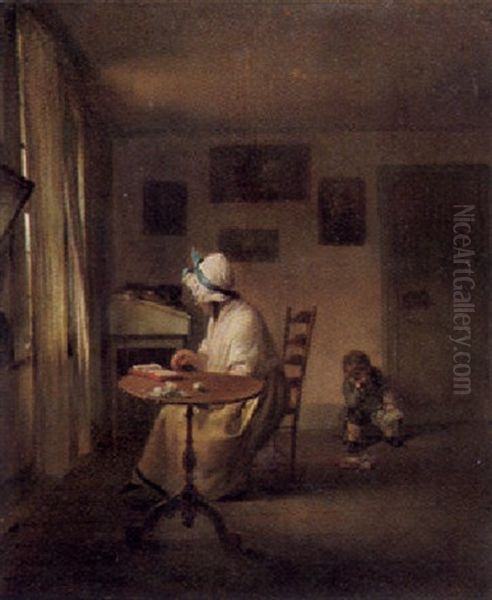 Frau Am Fenster Auf Einem Stuhl Bei Einem Tischchen Mit Buch Und Strickzeug Sitzend, Ein Knabe Im Hintergrund Oil Painting by Georg Karl Urlaub