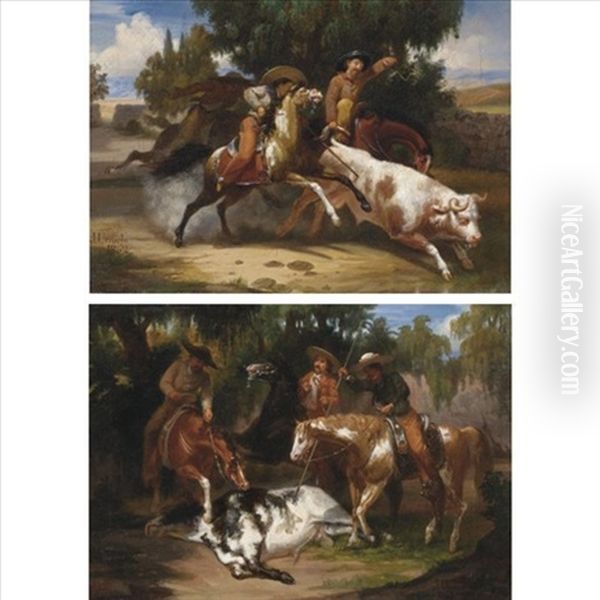 Lanceando Un Toro (+ La Muerte Del Toro, 1863; Pair) Oil Painting by Juan Urruchi