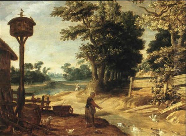 A Landscape With A Peasant Woman Feeding Ducks Oil Painting by Johannes Urselincx