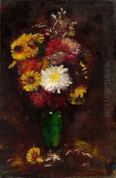 Herbstblumen In Grunblauer Vase Oil Painting by Lesser Ury