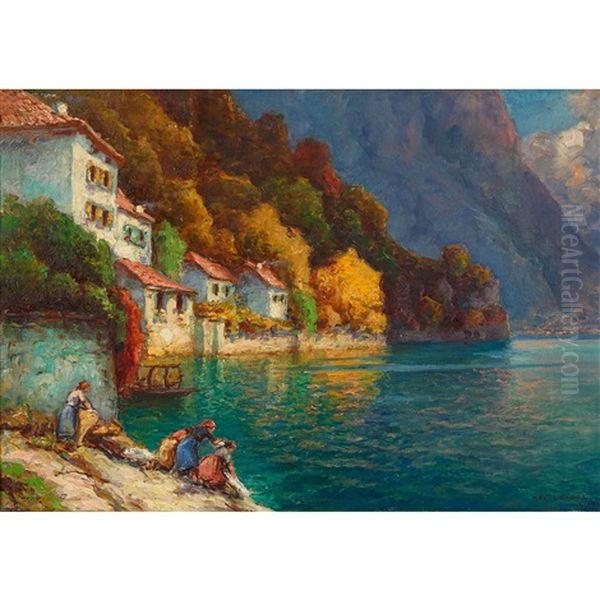 Wascherinnen Am Lago Di Lugano Oil Painting by Max Usadel