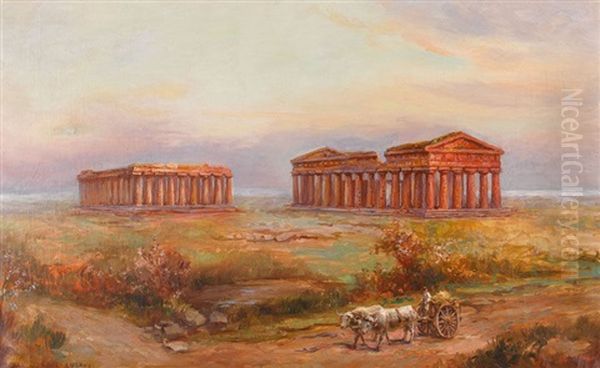 Die Griechischen Tempel Von Paestum Im Abendrot Oil Painting by Max Usadel