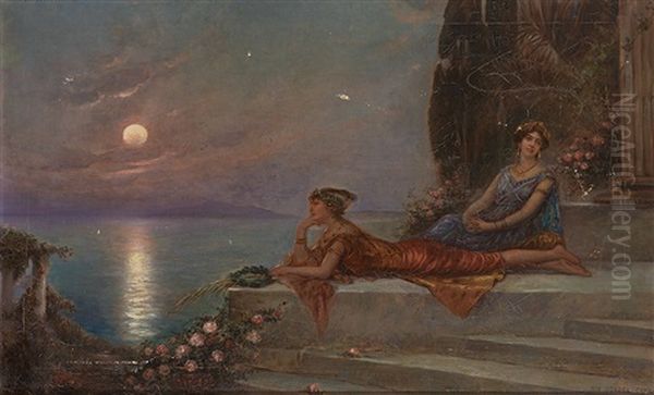 Zwei Damen Auf Einer Balustrade Am Meerufer Bei Vollmond Oil Painting by Max Usadel