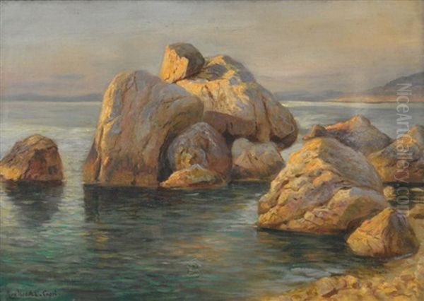 Capri. Blick Auf Die Felskuste Bei Sonnenuntergang Oil Painting by Max Usadel