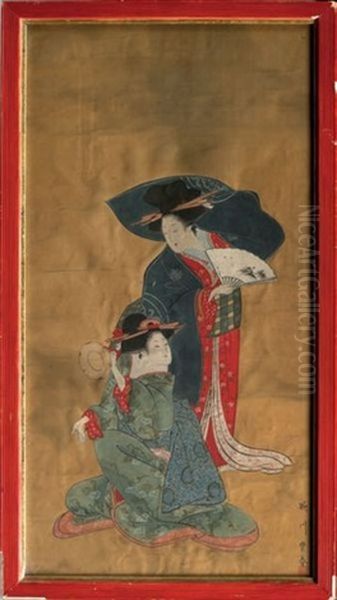 Deux Bijins Dans Un Interieur (kakemono-e) Oil Painting by  Utagawa Toyoharu