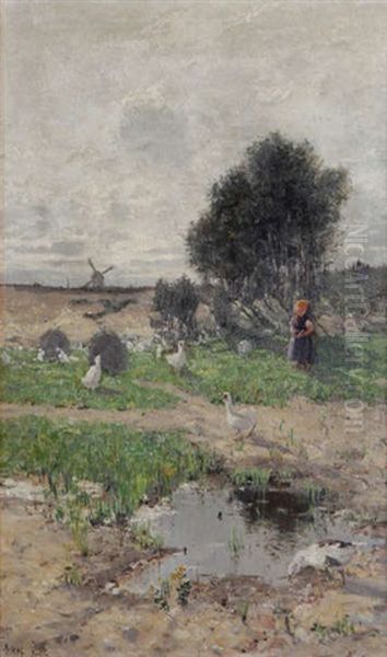 Jeune Bergere Aux Oies Au Bord De L'eau Oil Painting by Max Uth