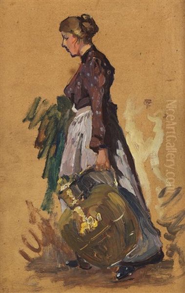 Einen Grosen Krug Tragende Frau (+ Frauenkopf, Verso) Oil Painting by Max Uth