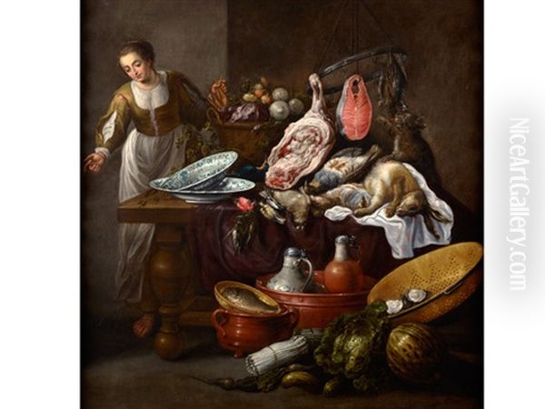 Grosses Kuchenstillleben Mit Einer Jungen Frau Oil Painting by Adriaen van Utrecht