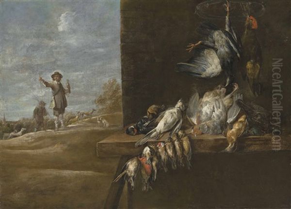 A Table Laden With Game With A Hunting Party Beyond Oil Painting by Adriaen van Utrecht