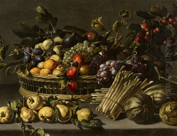 Still Life With Fruit In A Basket Surrounded By Melons, Quinces, And Asparagus Oil Painting by Adriaen van Utrecht