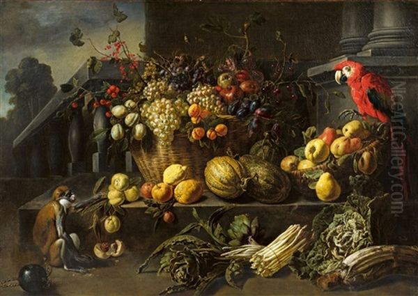 Still Life With Fruits, Vegetable And A Parrot Oil Painting by Adriaen van Utrecht