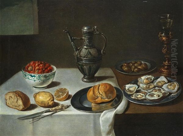 A Dish Of Mussels With A Bowl Of Butter Resting On A Loaf Of Bread, And Fish, Shallots And A Jug, On A Table-top; And A Silver Ewer With A Dish Of Oysters, Lemons, Bread And A Porcelain Bowl Of Strawberries On A Draped Table-top (2) Oil Painting by Adriaen van Utrecht