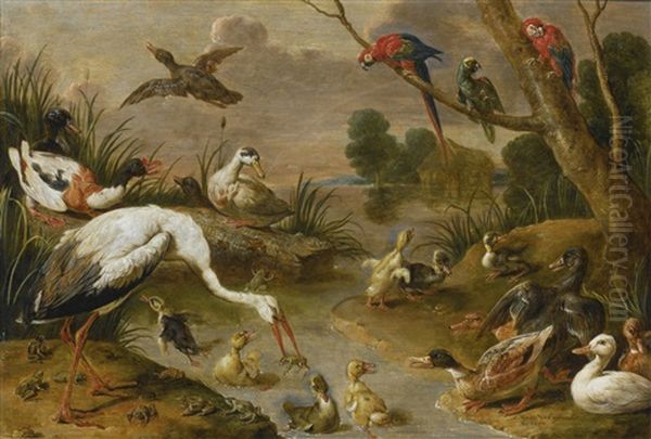 Birds, Including Ducks, Parrots And A Heron, In An Extensive Landscape Oil Painting by Adriaen van Utrecht