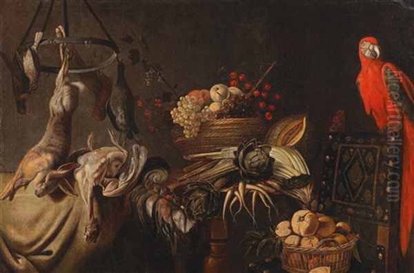 A Still Life Of Fruit And Vegetables With A Parrot And Shot Game Oil Painting by Adriaen van Utrecht