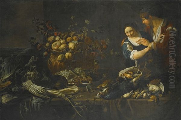 A Still Life Of Fruit, Vegetables And Game On A Table, With A Maid And Servant Cavorting Oil Painting by Adriaen van Utrecht