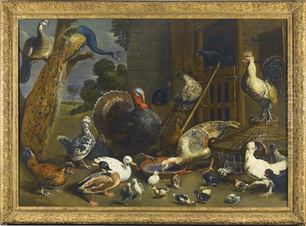 A Variety Of Birds Including A Peacock, Turkey, Chickens, And Ducks With Their Young Drinking, Playing And Pecking About In A Yard Oil Painting by Adriaen van Utrecht