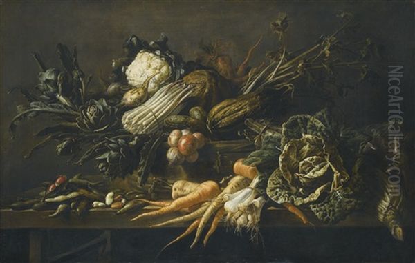 Still Life Of Artichoke, Asparagus, Green Cabbage, Onion, Beans, Carrots And Other Vegetables, All Upon A Wooden Bench Oil Painting by Adriaen van Utrecht