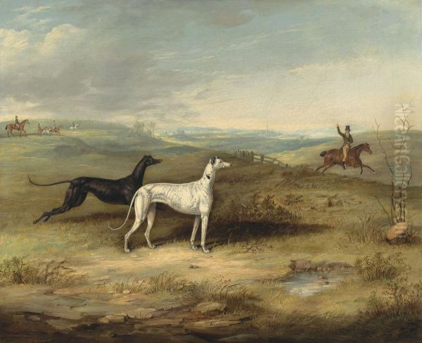 Hare Coursing - Two Greyhounds With A Distant Rider Oil Painting by Thomas W. Bretland