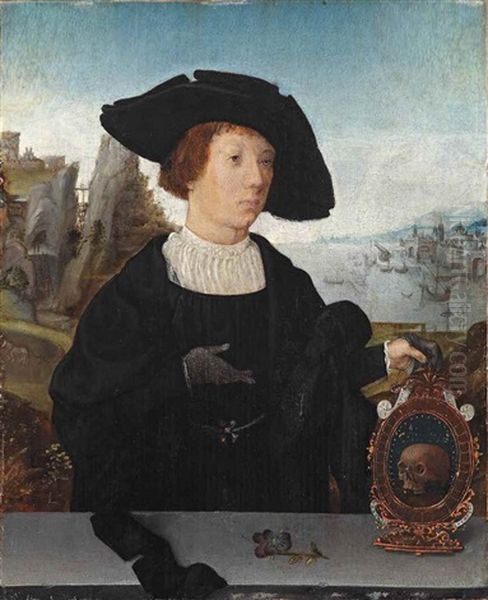 Portrait Of A Young Man, Half-length, With A Black Hat Behind A Ledge Holding A Memento Mori, A Mountainous Landscape With A Port Beyond by Jacob van Utrecht