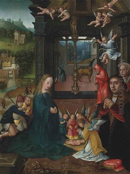 The Nativity With Two Kneeling Donors Oil Painting by Jacob van Utrecht