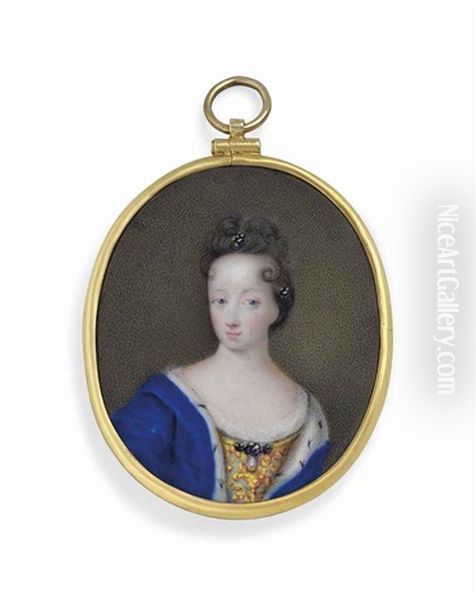 Hedvig Eleonora Of Holstein-gottorp (1636-1715), Queen Of Sweden, In Gold-embroidered Dress With Drop-pearl And Gem-set Brooch At Corsage, Ermine-bordered Blue Dress, Pearls In Her Upswept Hair Oil Painting by Erik Utterheim