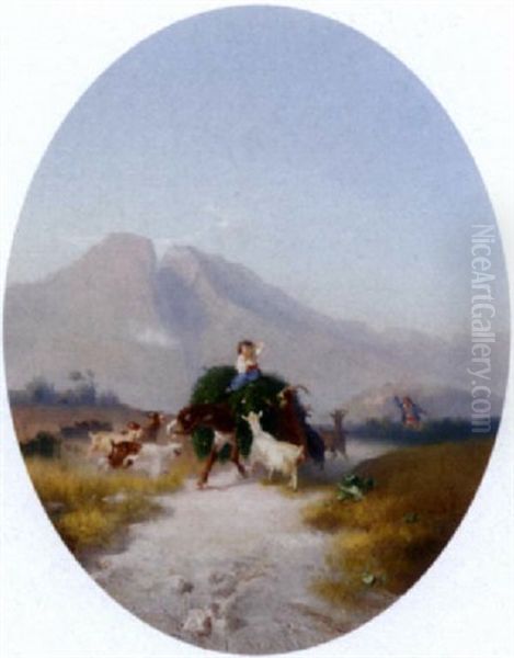 Chasing The Goats Oil Painting by Cesare Uva