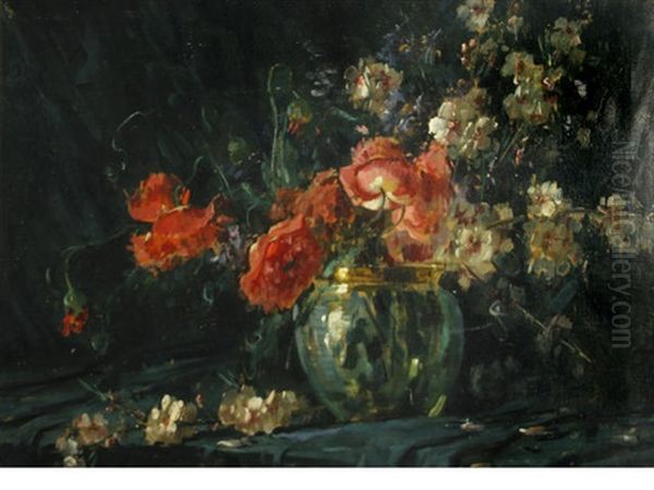 A Still Life With Flowers In A Vase Oil Painting by Guiseppe Uva