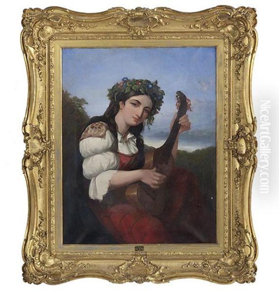 Young Neapolitan Girl With Mandolin Oil Painting by Thomas Uwins