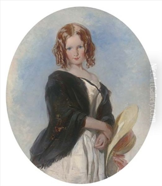 Portrait Of A Young Girl, Three-quarter-length, In A White Dress Holding A Summer Hat by Thomas Uwins