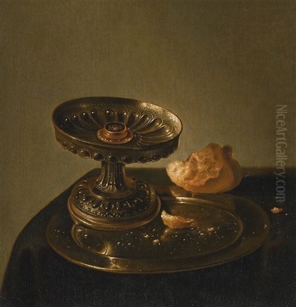 A Still Life Of A Silver Tazza And A Bread Roll On A Pewter Plate Oil Painting by Jan Jansz Uyl the Elder