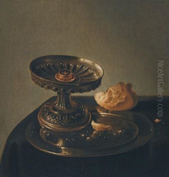 The Still Life With A Tazza And Bread Roll On A Pewter Plate On A Draped Ledge Oil Painting by Jan Jansz Uyl the Elder