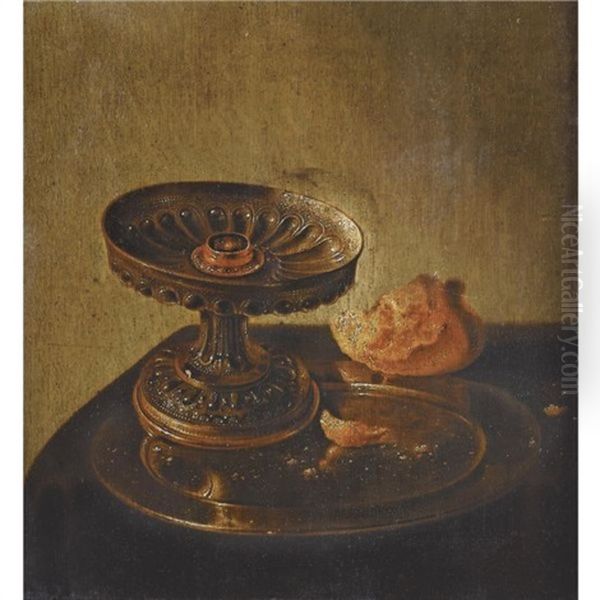 Still Life With A Tazza And Bread Roll On A Pewter Plate On A Adraped Ledge by Jan Jansz Uyl the Elder