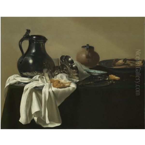 Still Life With A Pewter Jug, A Tazza On Its Side, A Bread Roll, A Crab In A Pewter Dish And Other Objects On A Table Draped In A Green Cloth Oil Painting by Jan Jansz Uyl the Elder