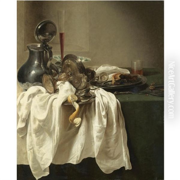 A Still Life With A Pewter Jug And An Overturned Tazza, A Porcelain Bowl, Wine Glass, A Partly-peeled Lemon On A Pewter Dish And Other Objects Arranged Upon A White Table-cloth, Set Before A Stone Nic Oil Painting by Jan Jansz Uyl the Elder